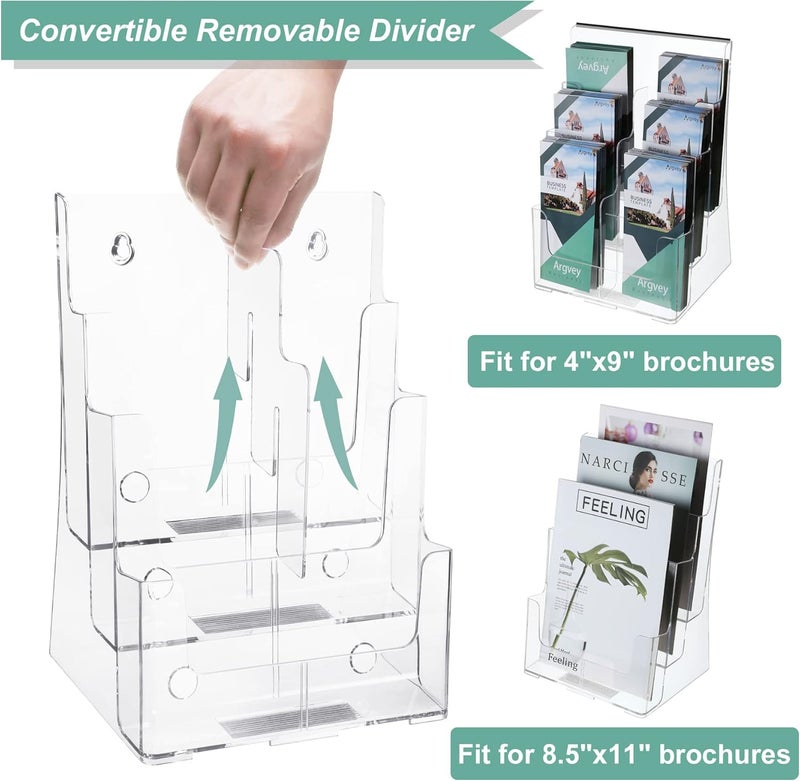 Argvey 2 Pack Acrylic Brochure Holder 8.5 x 11 inches, 3 Tier Clear Brochure Display Stand with Removable Divider for Trifold 4 Inches Wide Pamphlet, Plastic Flyer Holder for Magazine, Literature, Booklet - Image 2